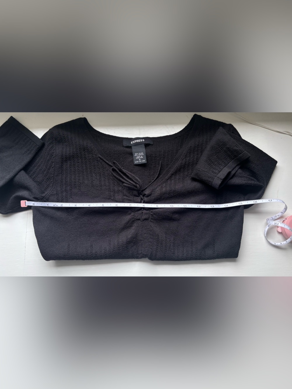 Express Black V-Neck Tie-Front Knit Textured Top stretch 3/4 sleeves Small - Picture 10 of 12
